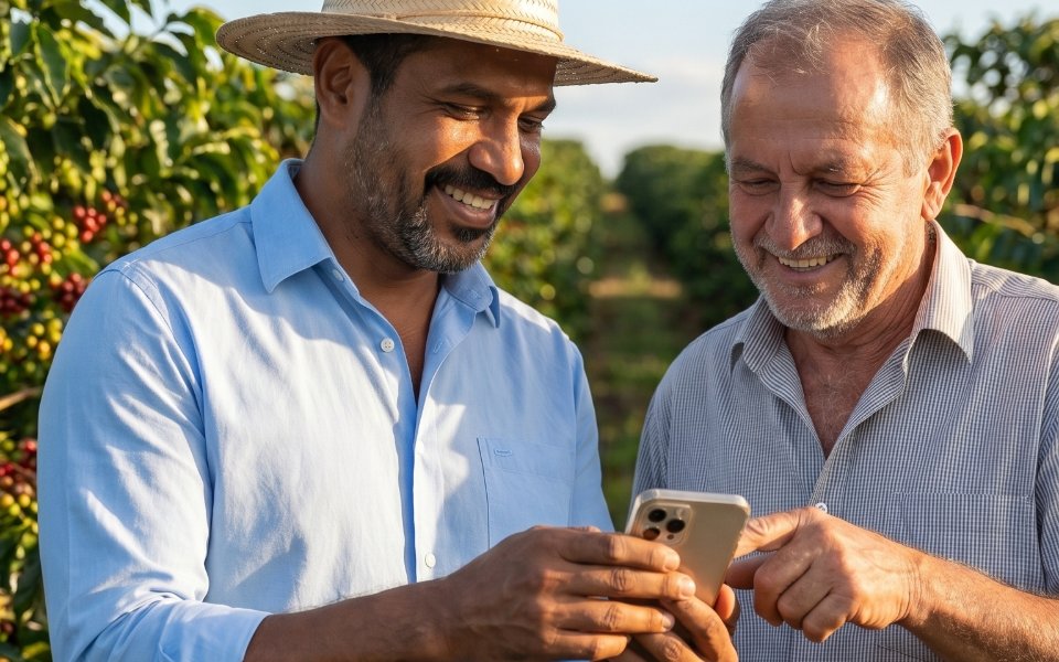 Two coffee producers reviewing Harvis on a phone