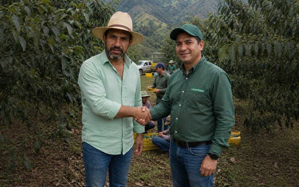 Producer and technician in front of an avocado harvest